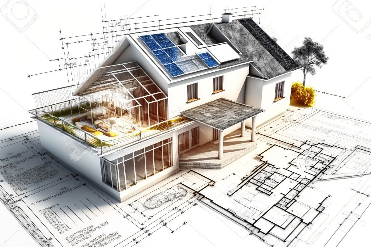 3D rendering of a house with solar panels, overlaying architectural blueprints.